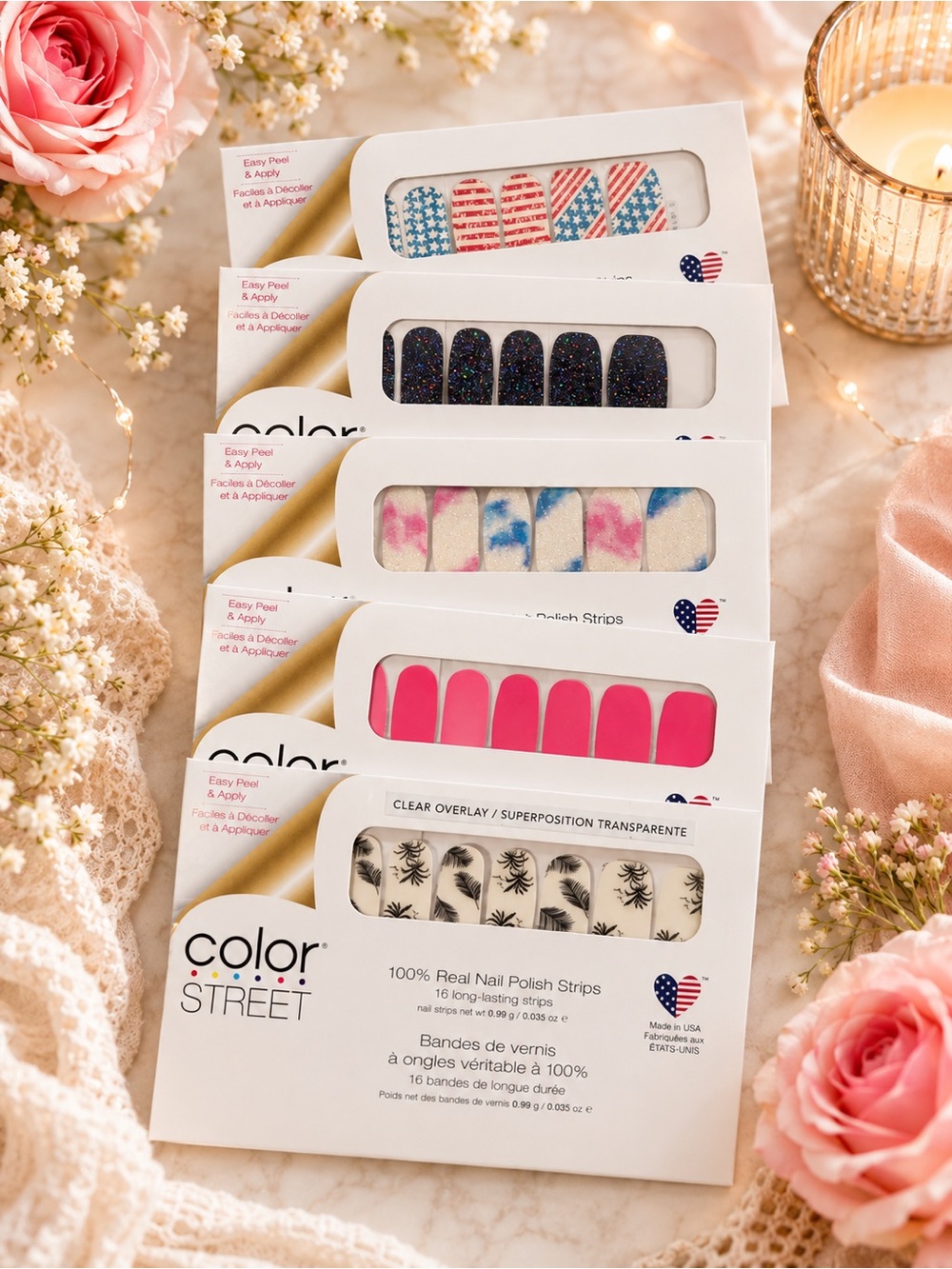 Color Street Pink, Blue, Black & White Nail Strip Sets